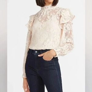 NWT EXPRESS Lace Ruffle Mock Neck Top, Cream Size S/P